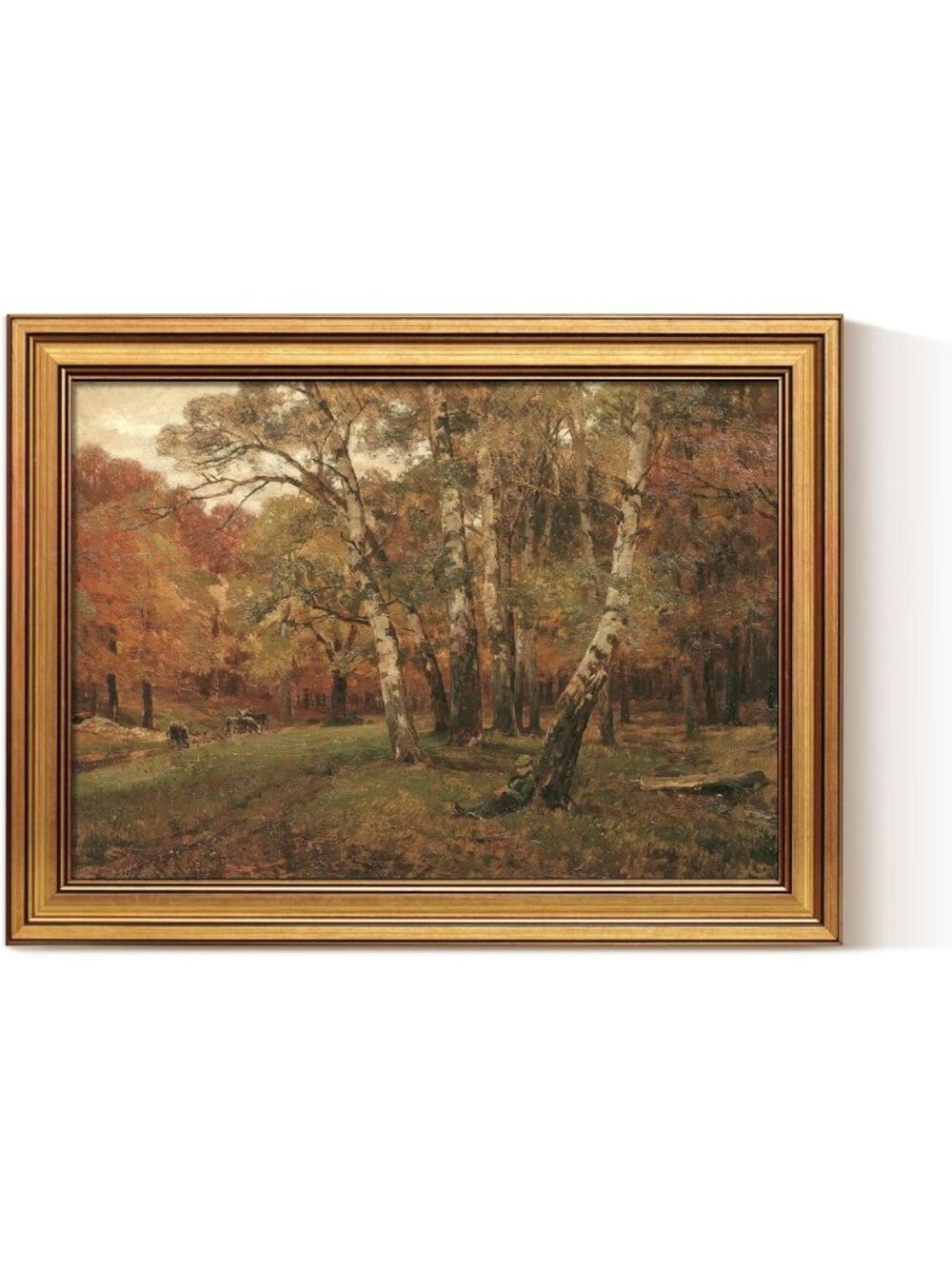 Autumn Forest Wall Art 12x16 Gold Framed Canvas, Vintage Woodland Decor, Rustic
